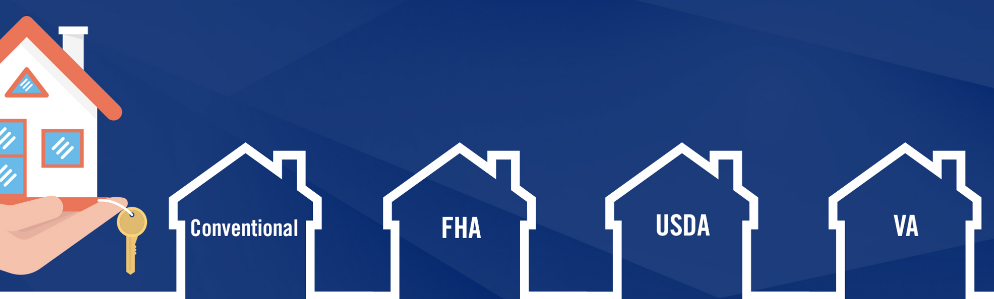 a vector hero image of multiple houses with various descriptions such as conventional, FHA, USDA, VA